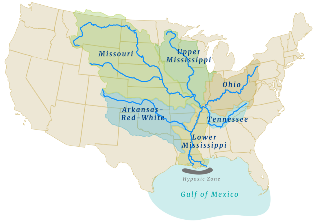 Map of the Mississippi River Basin and its five sub-basins